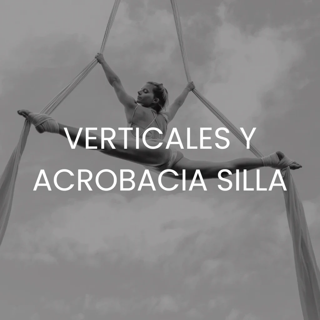 Foto en blanco y negro de una mujer haciendo acrobacia aérea con verticales y acrobacia silla escrito encima